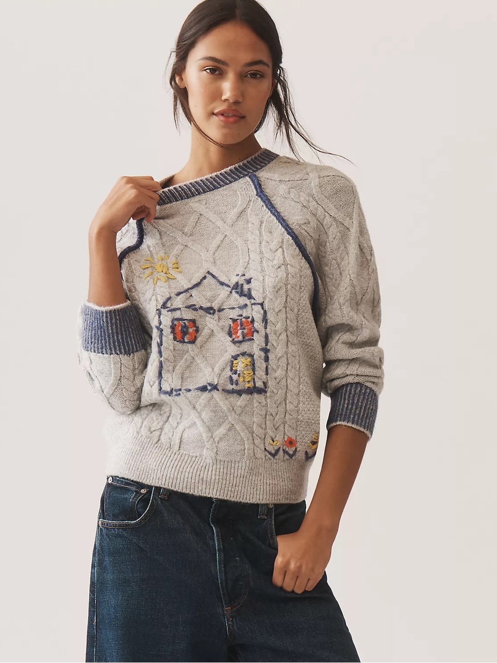 NWT Anthropologie Pilcro Cable-Knit House Embroidered Sweater